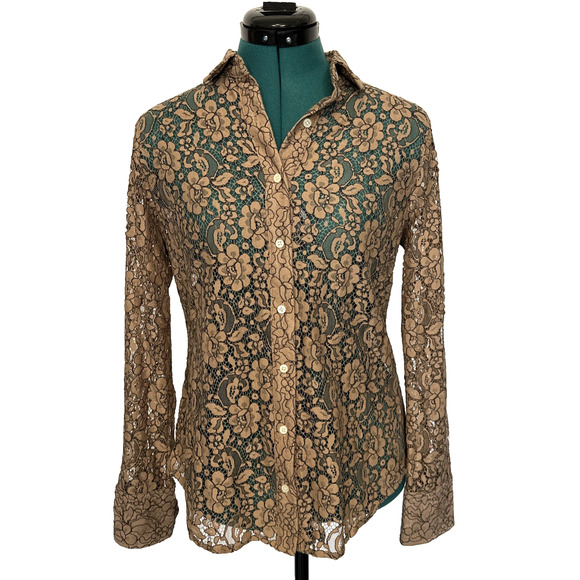 J Crew Classic Fit Floral Lace Button Up Shirt Tan‎ Brown Size 4 - Picture 1 of 8